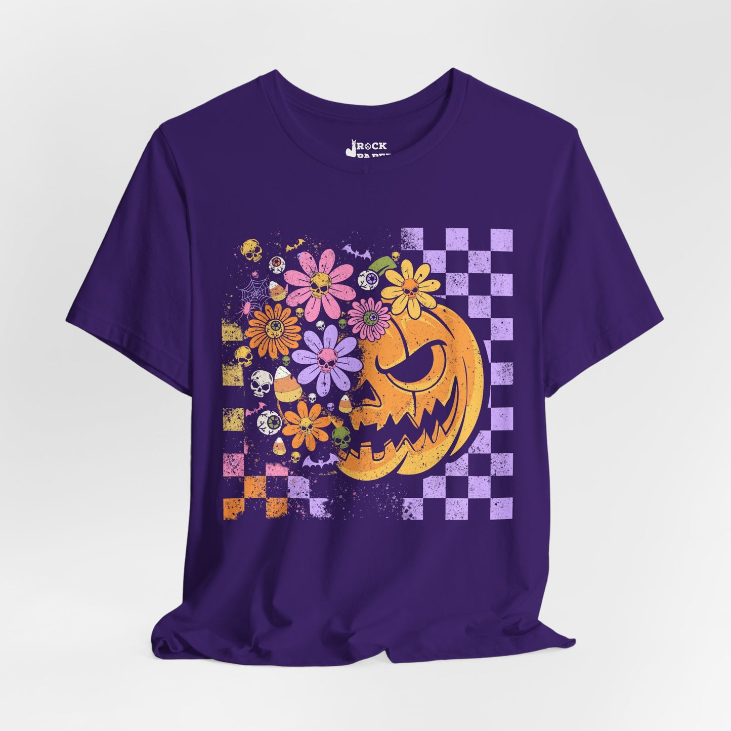 Checkered Floral Pumpkin Halloween T-Shirt