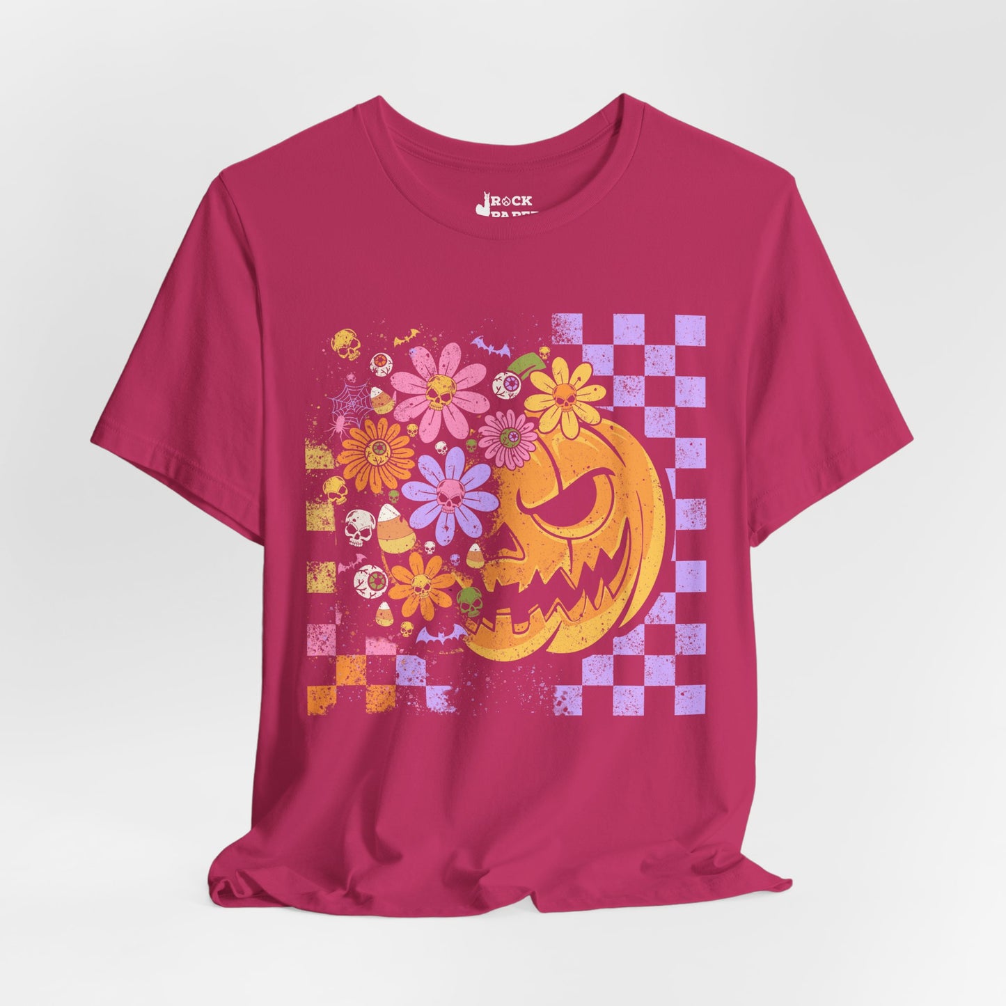 Checkered Floral Pumpkin Halloween T-Shirt
