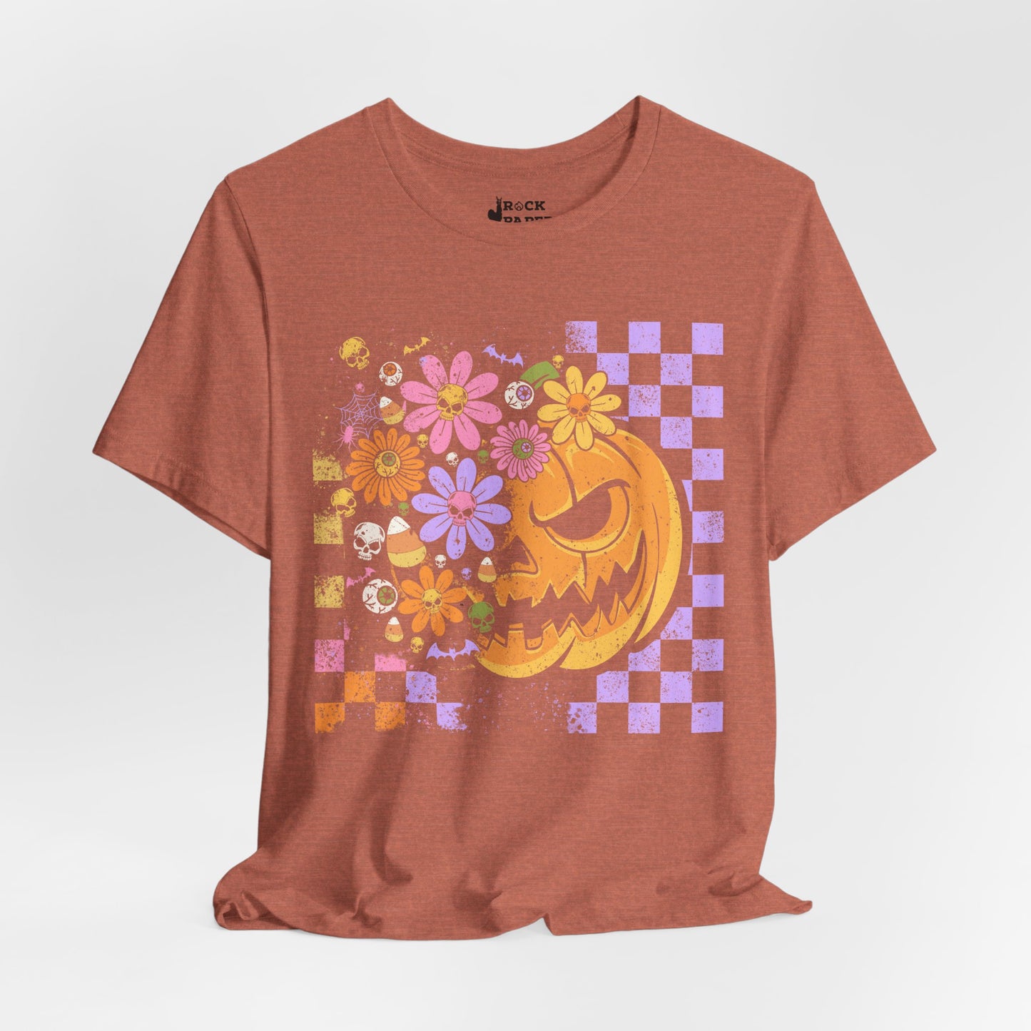 Checkered Floral Pumpkin Halloween T-Shirt