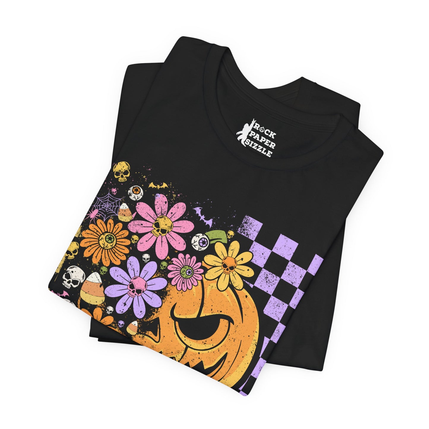 Checkered Floral Pumpkin Halloween T-Shirt