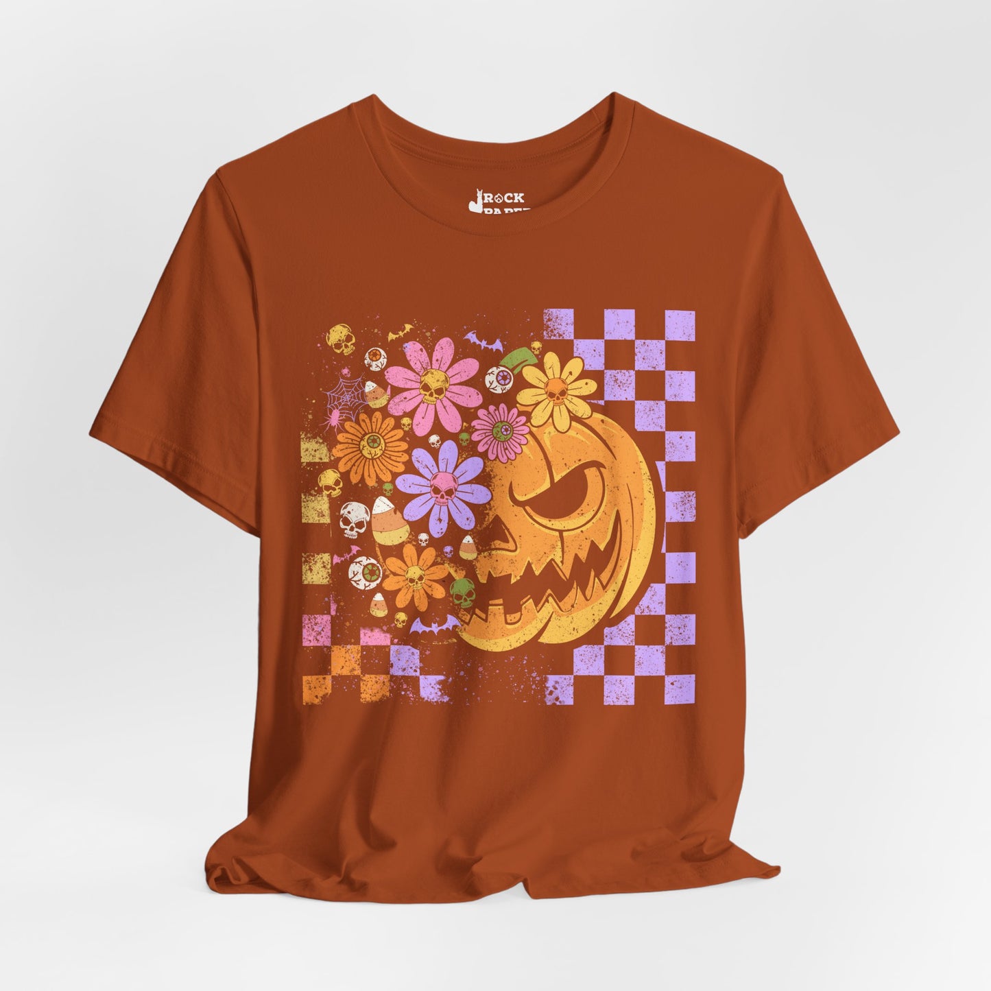 Checkered Floral Pumpkin Halloween T-Shirt