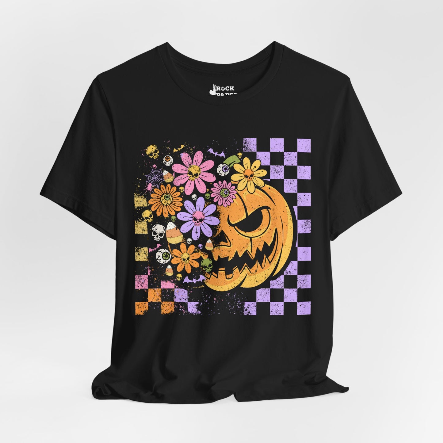 Checkered Floral Pumpkin Halloween T-Shirt