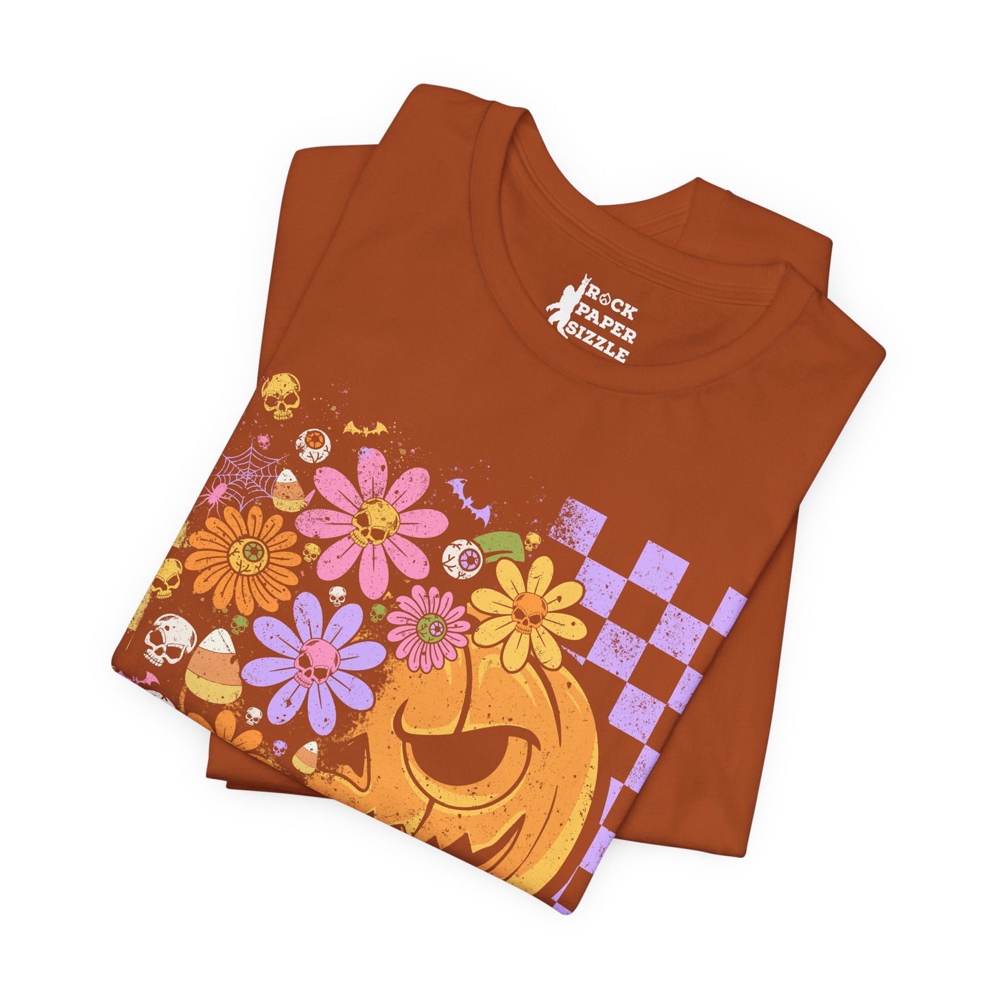 Checkered Floral Pumpkin Halloween T-Shirt