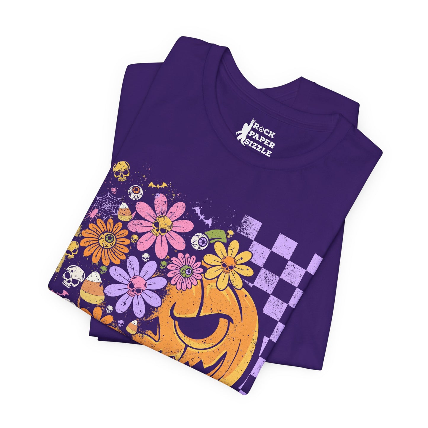 Checkered Floral Pumpkin Halloween T-Shirt