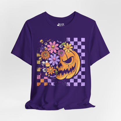 Checkered Floral Pumpkin Halloween T-Shirt