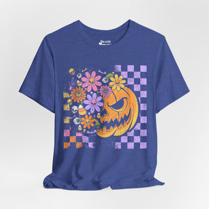 Checkered Floral Pumpkin Halloween T-Shirt