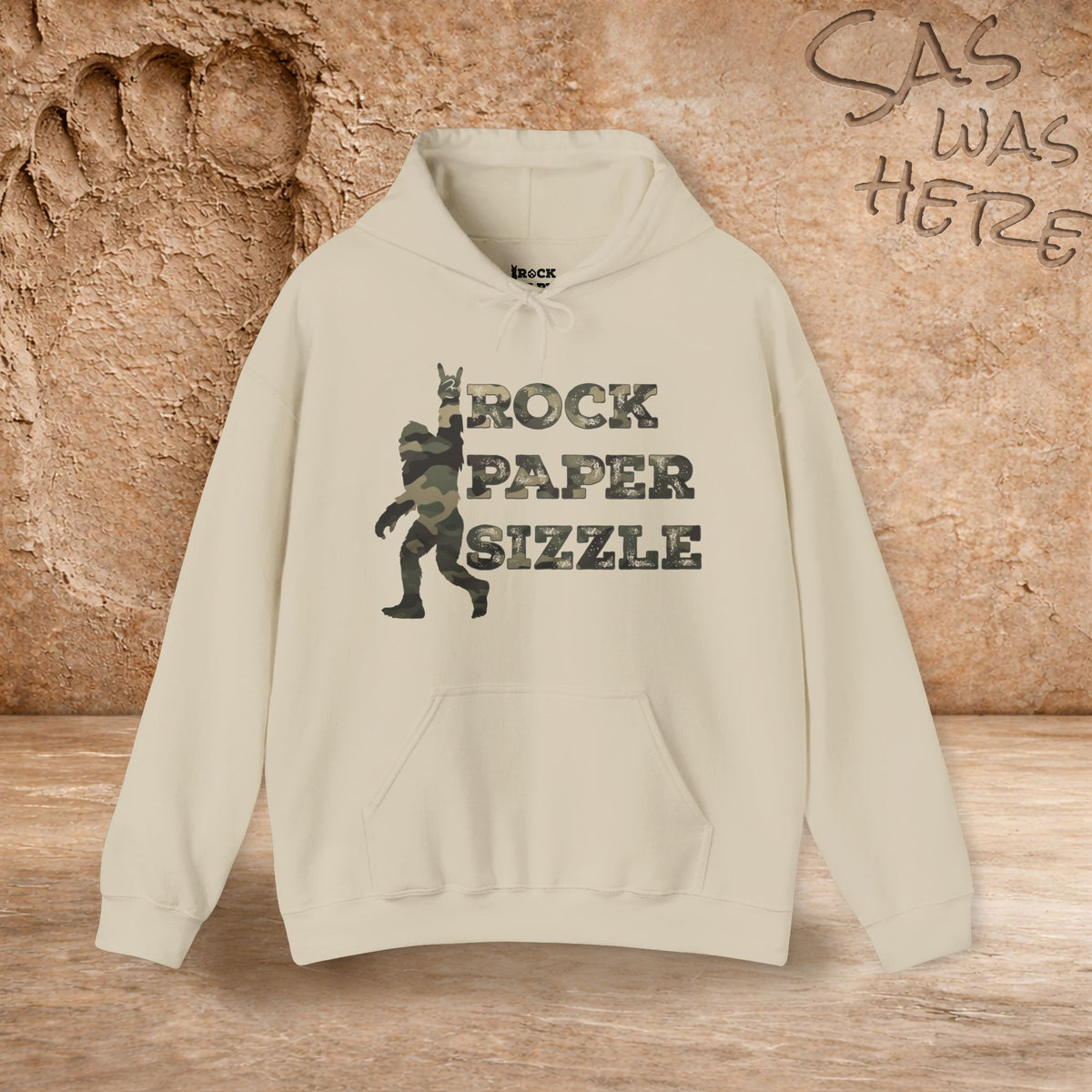 Rock Paper Sizzle Hoodie (Camo Text)