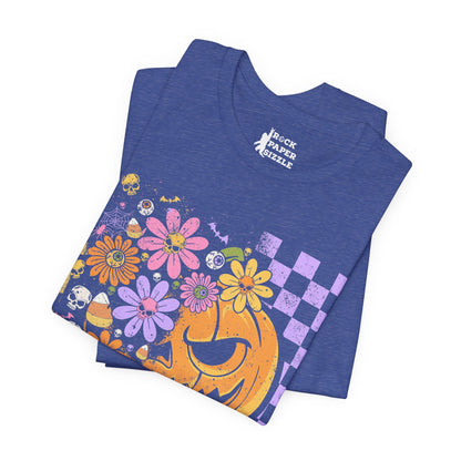 Checkered Floral Pumpkin Halloween T-Shirt