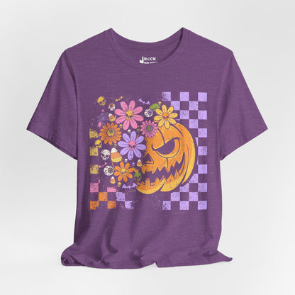 Checkered Floral Pumpkin Halloween T-Shirt