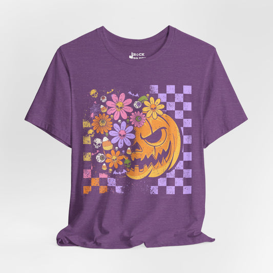 Checkered Floral Pumpkin Halloween T-Shirt