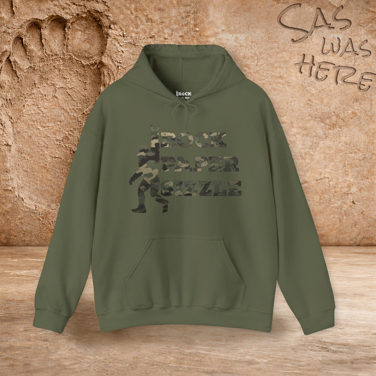 Rock Paper Sizzle Hoodie (Camo Text)