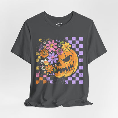 Checkered Floral Pumpkin Halloween T-Shirt