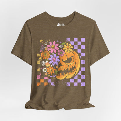 Checkered Floral Pumpkin Halloween T-Shirt